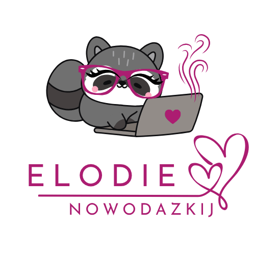 A raccoon with a typewriter...and the name Elodie Nowodazkij with hearts - the logo of Elodie Nowodazkij
